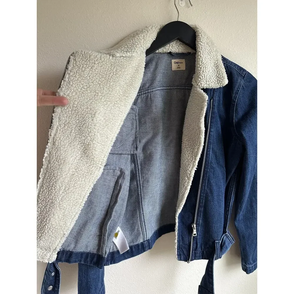 Gap Women's Denim Jacket XS Sherpa Lined Biker Belt Buckle Blue 1969